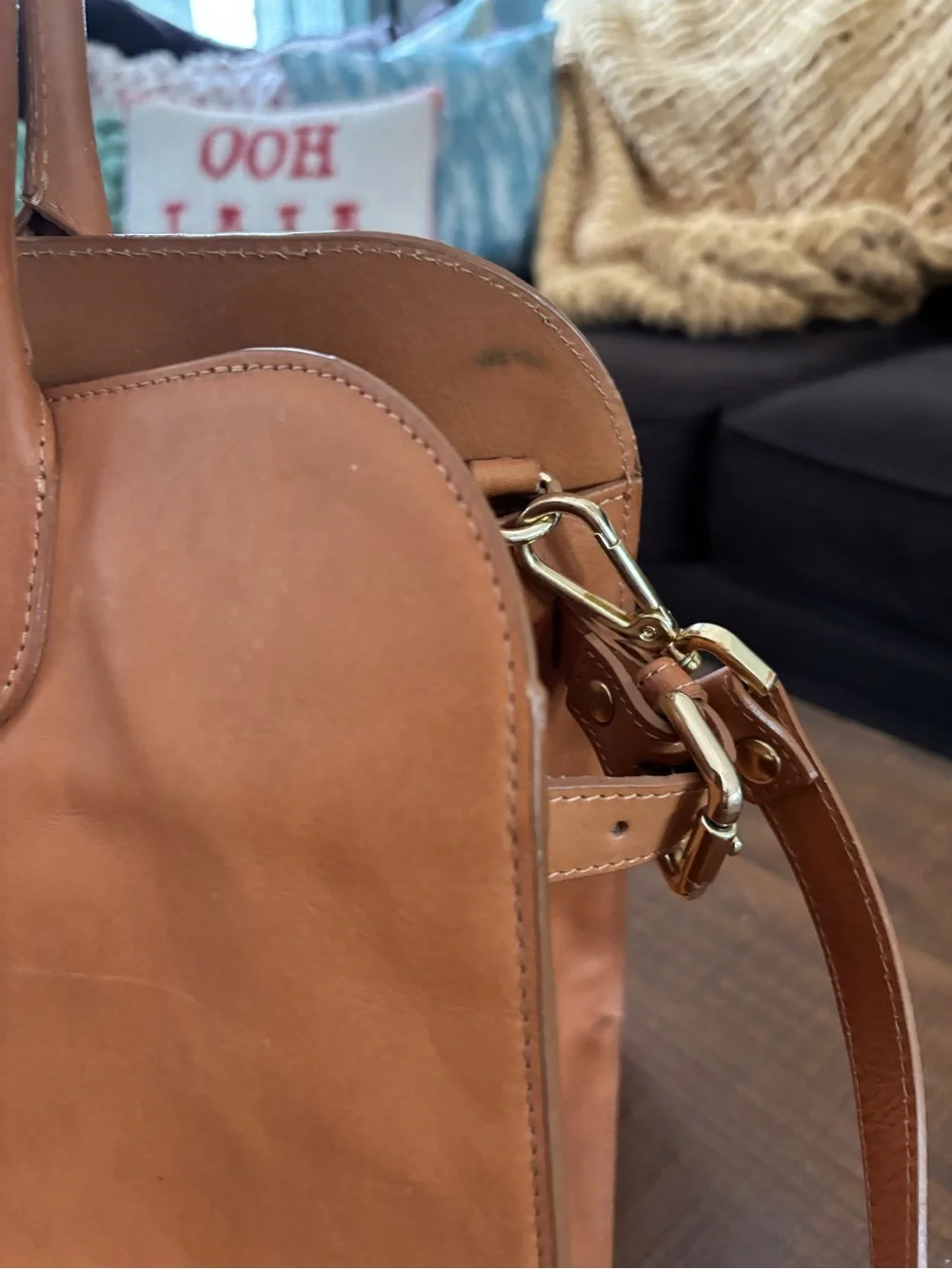 Structured Tan Leather Satchel with Adjustable Strap